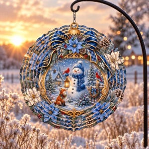 Christmas ornament with snowman, fox, birds, and winter village scene in snowfall.