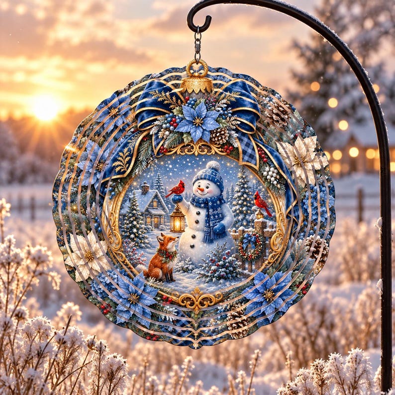 Christmas ornament with snowman, fox, birds, and winter village scene in snowfall.