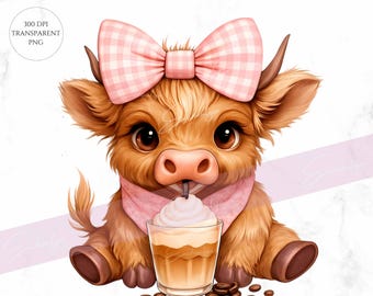 Watercolor Baby Highland Cow Clipart, Coquette Cow PNG (Digital Download)