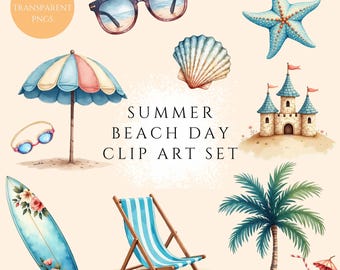 Summer Beach Watercolor Clipart Set: Boho Tropical PNG Bundle (Digital Download