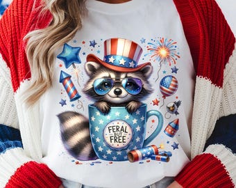 Trendy 4th of July, Funny png, Patriotic Tshirt png, Cute Raccoon Feral But Free PNG, Cute Raccoon Shirt png, Raccoon Sublimation Design