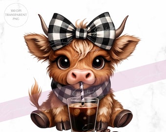 Watercolor Baby Highland Cow Clipart: Coffee Lover PNG (Digital Download)