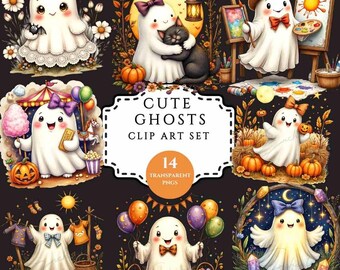 Pode incluir: Uma coleção de imagens de clip art de fantasmas fofos. Cada fantasma é branco com um rosto sorridente e vários acessórios, como laços, abóboras e balões. As imagens têm um estilo fantasioso e de desenho animado, perfeito para projetos com tema de Halloween. O texto "CUTE GHOSTS CLIP ART SET" está incluído.
