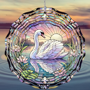 Wind Spinner Stained Glass, Summer Spinner, Floral Spinner with Swan, Spinner Stain Glass, Whimsical Wind Spinner PNG,