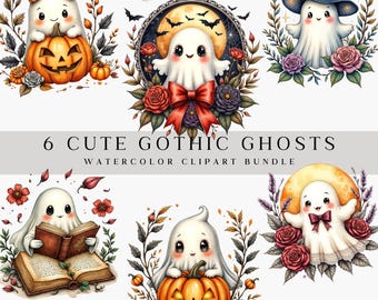 May include: Watercolor clipart bundle featuring six cute gothic ghosts. Each ghost is depicted with charming details, including pumpkins, bows, and floral arrangements. The text "6 Cute Gothic Ghosts Watercolor Clipart Bundle" is displayed.