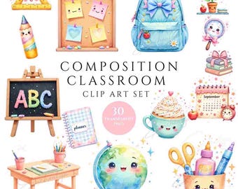 Op de afbeelding: Een verzameling aquarel clip art elementen met schoolspullen en klaslokaal items. Inclusief een blauwe rugzak met een strik, een schoolbord met ABC letters, een wereldbol, een bureau en een kalender. De tekst "COMPOSITION CLASSROOM CLIP ART SET" is ook zichtbaar.