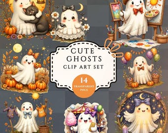 Pode incluir: Uma coleção de ilustrações de clip art de fantasmas fofos. As imagens apresentam fantasmas brancos com laços, abóboras e outros elementos temáticos de Halloween. O conjunto inclui 14 PNG transparentes.