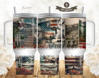 May include: Three stainless steel tumblers with a white, red, and blue patriotic theme. The tumblers feature images of an eagle, a soldier, and a flag. The tumblers are 20 oz and have a straw.