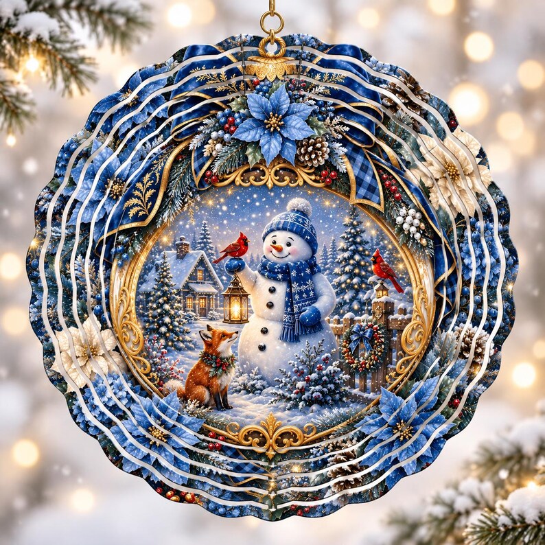 Snowman, fox, and cardinals in snowy village scene, framed by blue and white winter wreath.