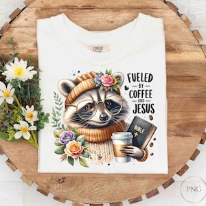 Coffee and Jesus Raccoon PNG: Christian Sublimation Design (Digital Download)