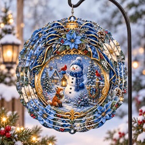 Round Christmas ornament with snowman, fox, cardinals, and a cozy winter village scene.