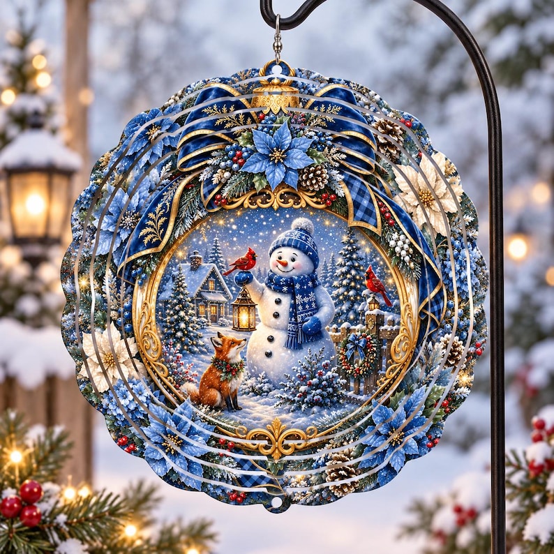 Round Christmas ornament with snowman, fox, cardinals, and a cozy winter village scene.