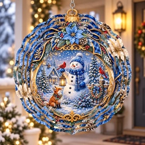 Winter Spinner with a Snowman holding lantern with cardinals and fox in snowy village scene, surrounded by blue floral border.