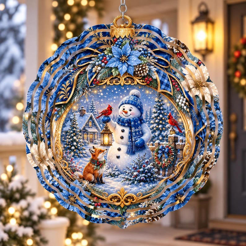 Winter Spinner with a Snowman holding lantern with cardinals and fox in snowy village scene, surrounded by blue floral border.