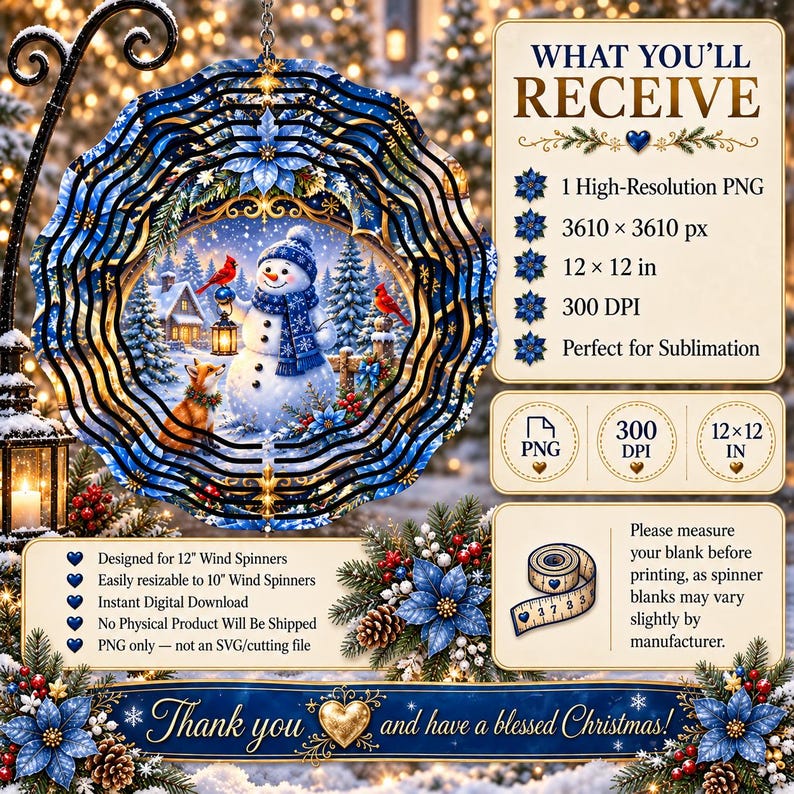 Christmas wind spinner design featuring a snowman, fox, and cardinals in a snowy village.