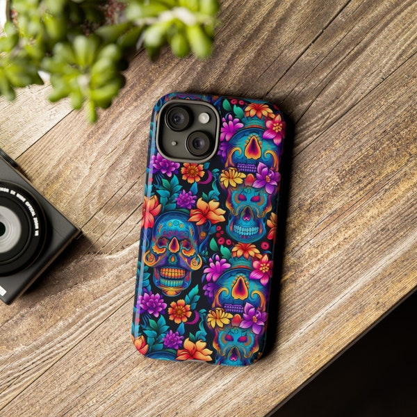 Vibrant Sugar Skull Blossom Phone Case, Durable Artistic Mobile Protection, Trendy Dia de los Muertos Gift Idea, Day of the Dead Accessory