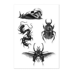 May include: A set of five black and white stickers featuring various insects and creatures. The stickers include a snail with a skull, a centipede, a beetle with multiple eyes, and a beetle with a human-like face.