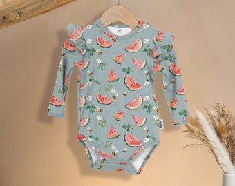 Body mit Schulterrüschen | Rüschen Strampler | Baby Kleidung Mädchen | Schwangerschaft Geschenk | Babyparty Geschenkidee | Melon & Bee Blau