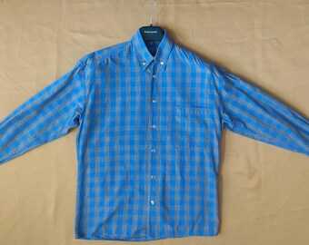 Vintage Claude Montana Paris Blue Plaid Cotton Shirt – Minimalist 80s-90s Style