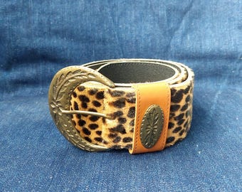 Vintage NANNI Faux Fur Leopard Print Wide Belt With Brass Buckle