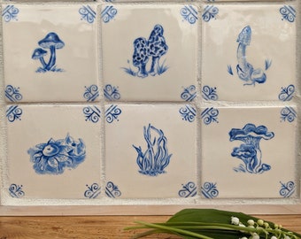 Handmade & Hand Painted Mushroom Motif Delft Inspired Porcelain Tiles for Kitchen Bathroom Backsplash or Fireplace Traditional Ceramic Tiles