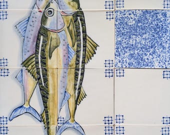 Set of 12 Handmade & Hand Painted trompe l'oeil Fish / Delft Inspired Porcelain Tiles for Kitchen Backsplash / Traditional Ceramic Tiles