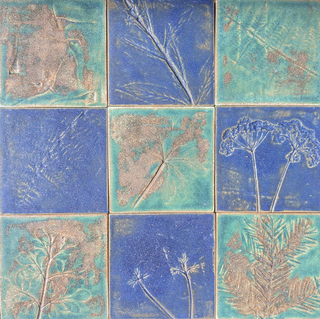 Set of 9 Handmade & Hand Painted Botanical Floral Motif Porcelain Tiles ...