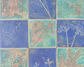 Set of 9 Handmade & Hand Painted Botanical Floral Motif Porcelain Tiles for Kitchen Bathroom Backsplash Fireplace / Traditional Ceramic Tile