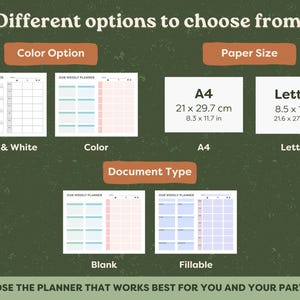 Different options to choose from: 1) Color Option: Black & White or Color; 2) Paper Size: A4 or Letter; and 3) Document Type: Blank or Fillable.