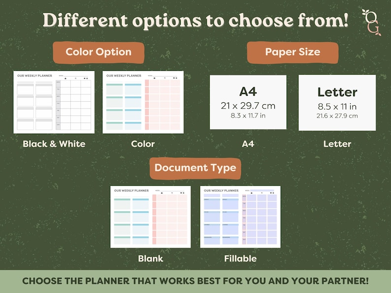 Different options to choose from: 1) Color Option: Black & White or Color; 2) Paper Size: A4 or Letter; and 3) Document Type: Blank or Fillable.