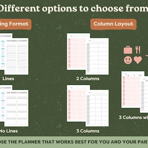 Different options to choose from: 4) Writing Format: Lines or No Lines; and 5) Column Layout: 2 Columns, 3 Columns, or 3 Columns with Icons.