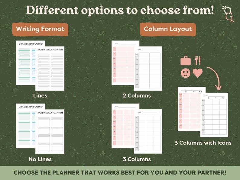 Different options to choose from: 4) Writing Format: Lines or No Lines; and 5) Column Layout: 2 Columns, 3 Columns, or 3 Columns with Icons.