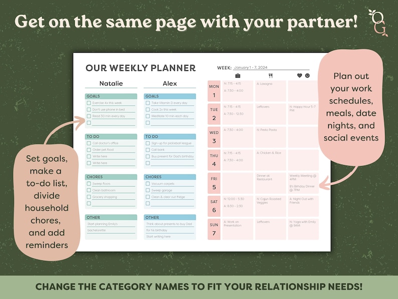 Get on the same page with your partner by using a planner. On the left side, you can set goals, make a to-do list, divide household chores, and add reminders. On the right side, you can plan our your work schedules, meals, date nights, and social events. You can change the category headings to fit your relationship needs.
