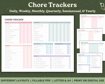 EDITABLE Chore Trackers, Printable, Digital Download PDF, Cleaning Planner, Cleaning Checklist, Adult Chore Chart, ADHD Cleaning