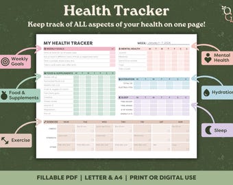 EDITABLE Health Tracker, Fillable PDF, Fitness Tracker, Workout Tracker, Health Planner, Fitness Planner, Health Log, Fitness Log