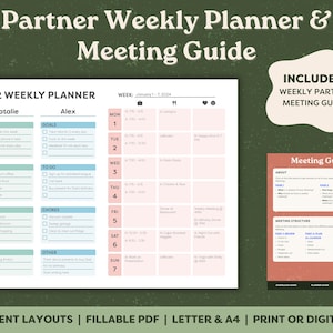 May include: A printable weekly planner and meeting guide for couples. The planner features sections for goals, to-do lists, chores, and other tasks. The meeting guide includes sections for "About", "Phase 1", "Phase 2", and "Meeting Structure".
