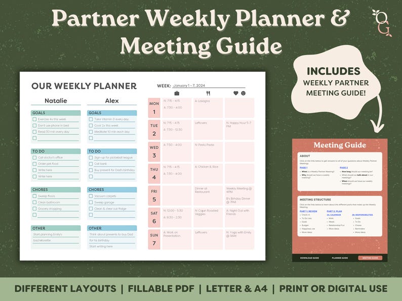 A fillable PDF document for planning partner weekly meetings and includes a weekly partner meeting guide. Many different customization options, including Letter or A4 paper size, color or black and white, and can be used printed or digitally.