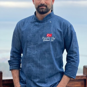 Jaqueta jeans personalizada, casaco de chef para homens e mulheres, uniforme de bartender, bordado grátis, presente de chef, unissex, restaurante