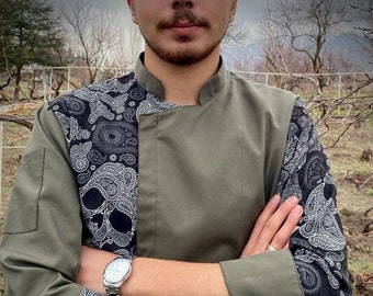 Manteau de chef personnalisé à motifs vert foncé veste de chef pour homme et femme uniforme de barman broderie gratuite cadeau de Chef Restaurant unisexe