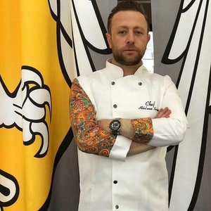 Casaco de chef personalizado estampado, jaqueta de chef para homens e mulheres, uniforme de bartender, bordado grátis, presente de chef, unissex, restaurante