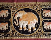 Vintage Elephant Tapestry LARGE Kalaga Burmese Wall Art Hand Made Sequins Thailand Maroon Border Oriental Home Decor Indian Art