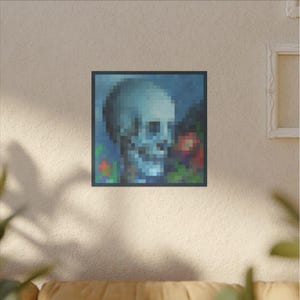 Pintura de Minecraft: Calavera y rosas, pintura de píxeles, lienzo impreso, pintura de Minecraft, arte vintage modificado, arte moderno, imagen de Minecraft de la vida real.