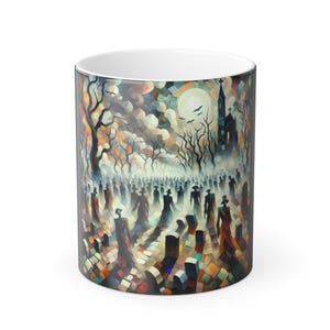 May include: A white ceramic mug with a wraparound illustration of a spooky graveyard scene. The artwork features a full moon, a church, and silhouetted figures. The colour palette includes shades of grey, brown, and orange.