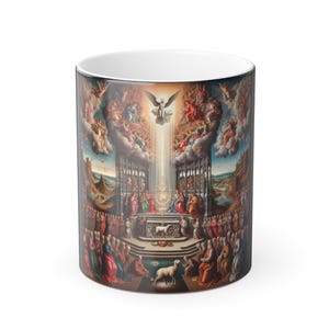 May include: White ceramic coffee mug with a detailed religious painting. The artwork shows a celestial scene with figures, an angel, and a central beam of light. The mug has a white interior and a silver rim.