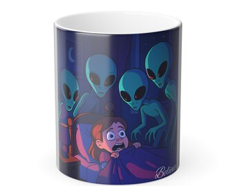 Alien Abduction Color Morphing Mug - Believe UFO Bedroom Scene - Heat Reveal Coffee Cup