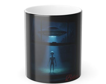 Believe: Alien in Backyard Color Morphing Mug - UFO Scene Heat Reveal Coffee Cup