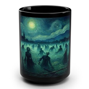 May include: Black ceramic mug featuring a spooky scene with zombies under a swirling, starry night sky. The artwork depicts a graveyard with figures in the foreground, illuminated by a bright moon. The mug has a glossy finish.