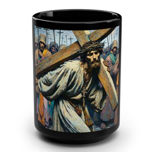 Jesus Carrying the Cross Mug - Biblical Art Black Ceramic Coffee Cup, 15oz