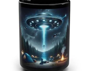 Abduct Your Morning Routine - Campfire UFO, 15oz. Black Coffee Mug