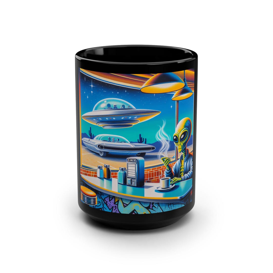 Alien Retro Diner Mug | 15oz. Black Ceramic Sci-fi Coffee Cup - Etsy